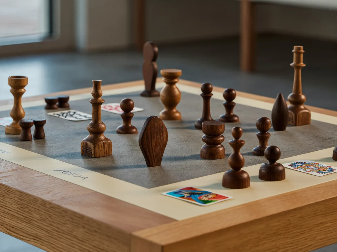Illustration eines Strategie-Brettspiels mit Holzfiguren, Karten und Spielplan auf Eichentisch