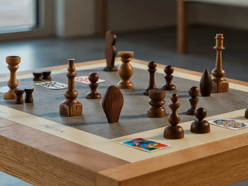 Illustration eines Strategie-Brettspiels mit Holzfiguren, Karten und Spielplan auf Eichentisch