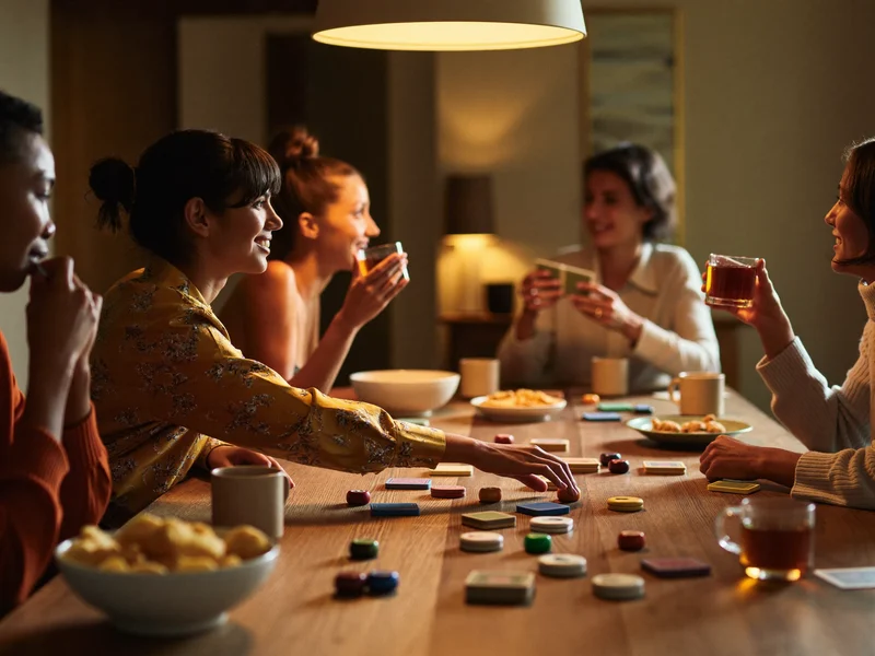 Illustration einer abendlichen Spielrunde von vier Personen unter einer warmen Pendelleuchte