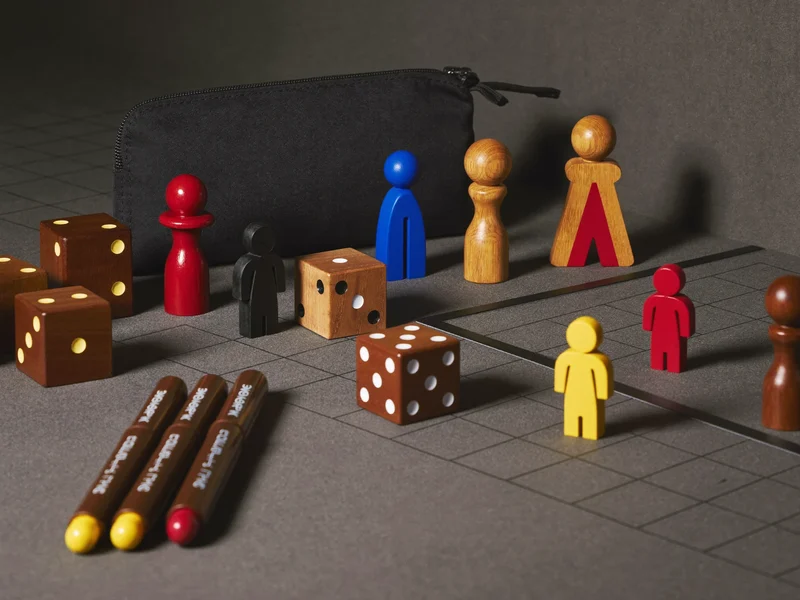 Illustration von Spielmaterial: Holzwürfel, Meeple-Figuren, Stoffbeutel und Pappmarker auf Filz